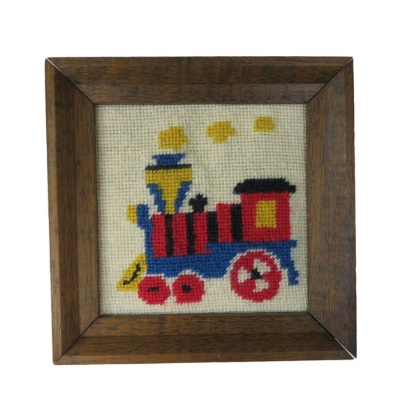 Train Engine Needlepoint Finished Framed Embroidery Triptych Effect Vintage - Picture 8 of 9